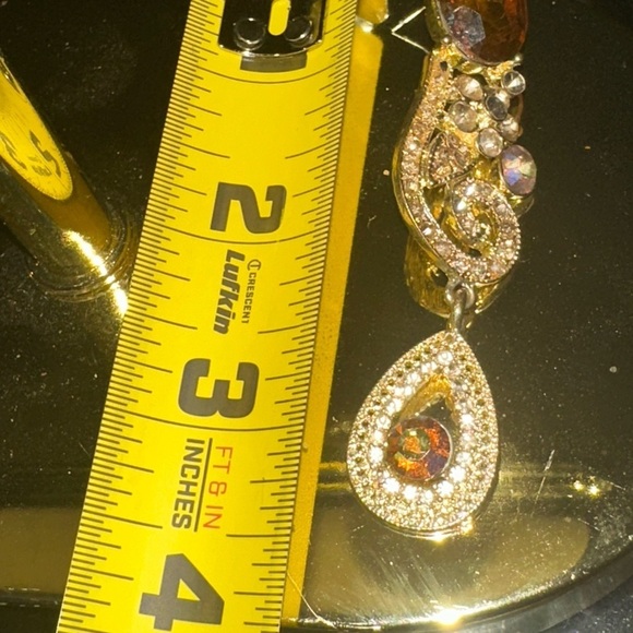 3 1/4” statement copper rhinestone pierced earrings with goldplate setting. - Picture 7 of 8